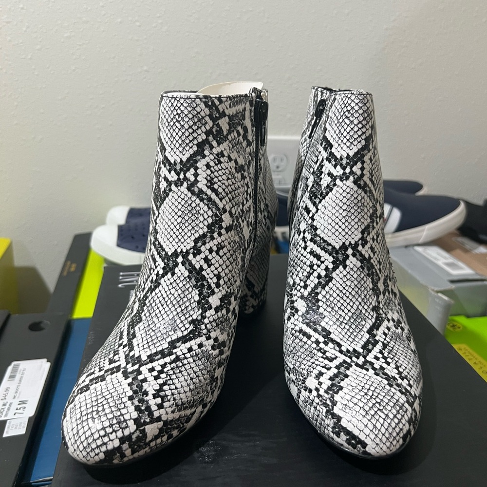 INC International Concepts Black and White Snakeskin Ankle Boots